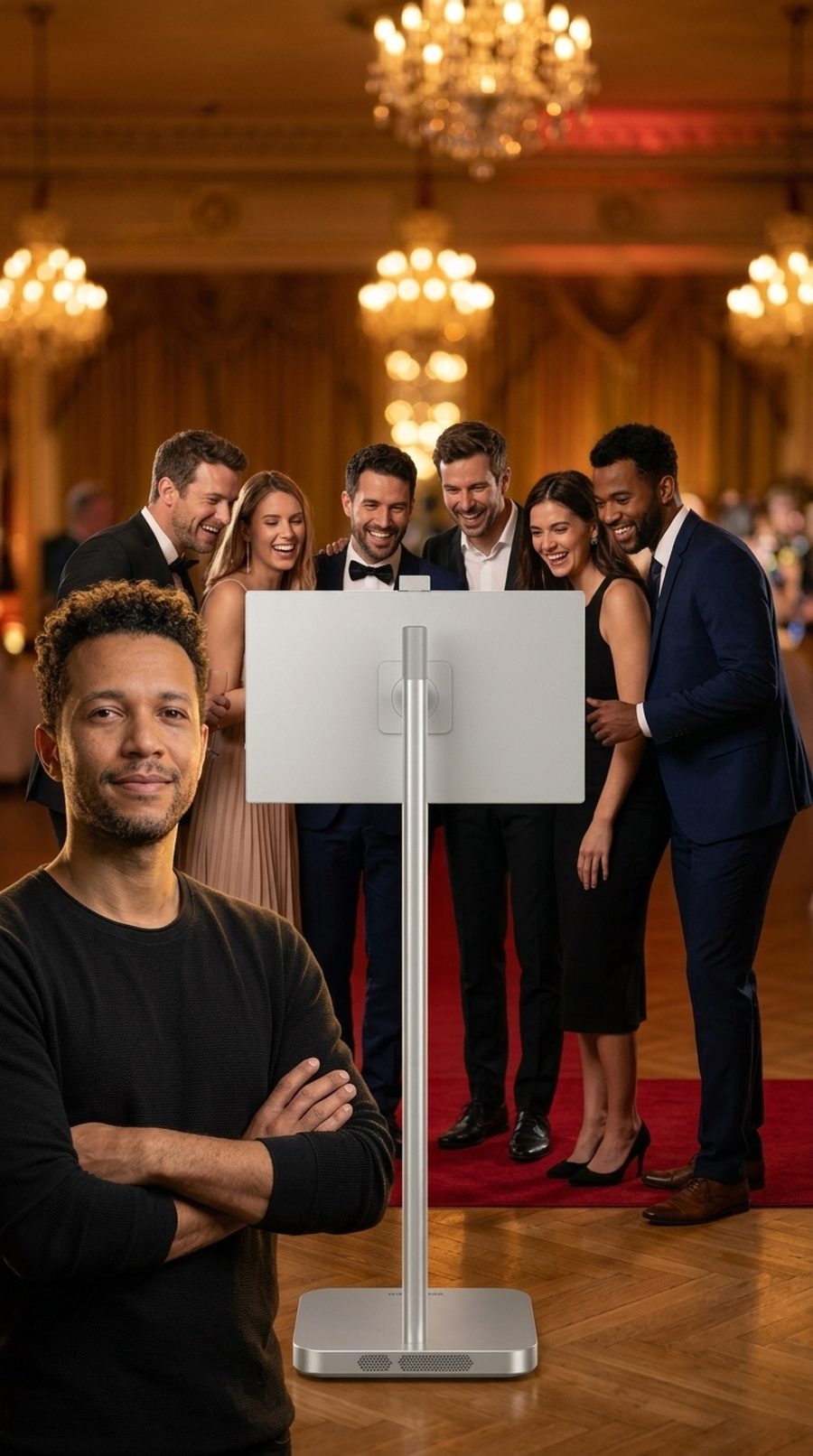 Guests around the booth at a black-tie event