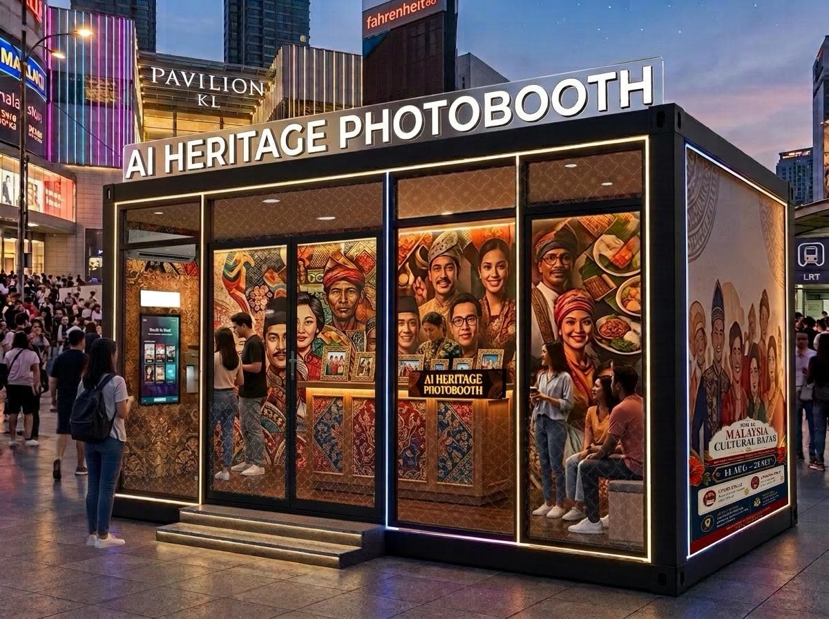 AI Heritage Photobooth kiosk drawing a crowd outside Pavilion KL